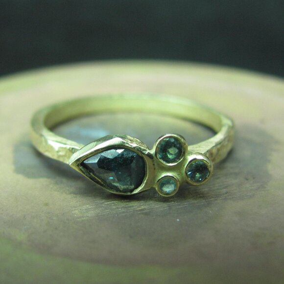 Engagement ring. 14k yellow gold blue diamond ring and 3 Tourmalines. - Picture 1 of 14
